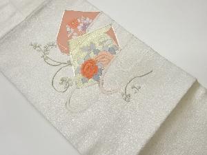 銀駒刺繍地紙に草花模様名古屋帯